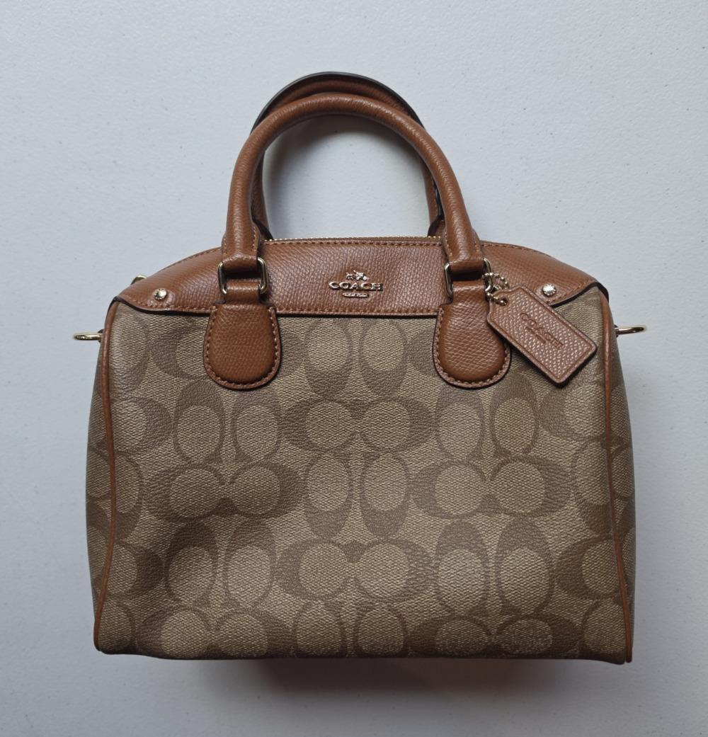 Coach Signature Zip Top Satchel Brown/Tan Gold Hardware Detachable Strap Charm